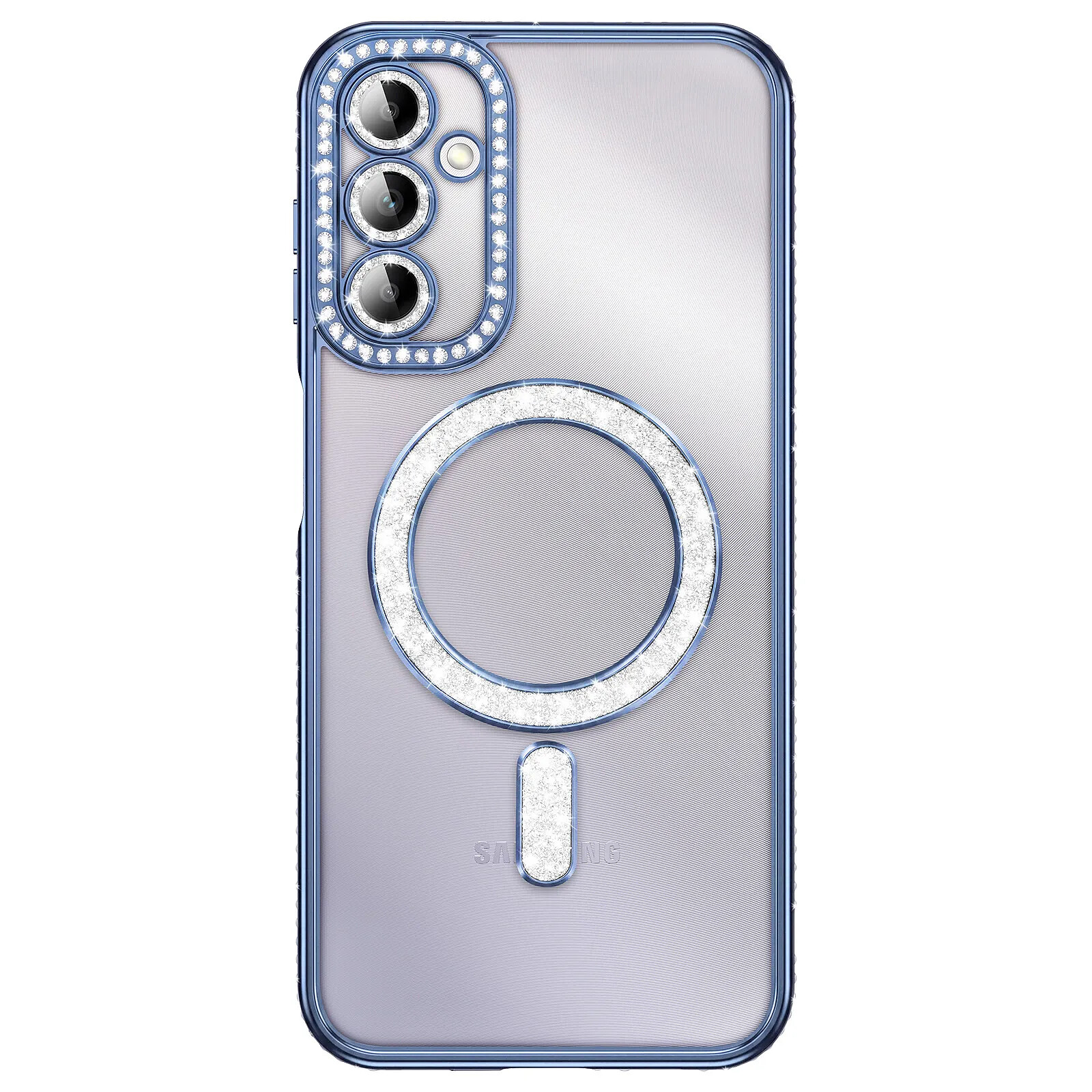 Coque pour Galaxy A14 4G / 5G Compatible MagSafe avec Contour à Strass Bleu