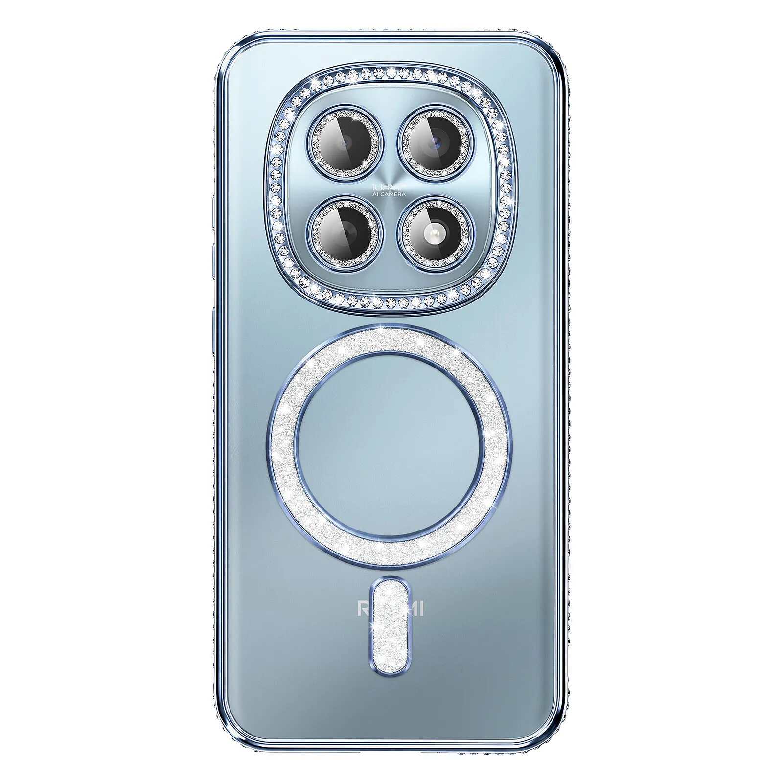 Coque pour Redmi Note 15 Compatible MagSafe avec Contour à Strass Bleu