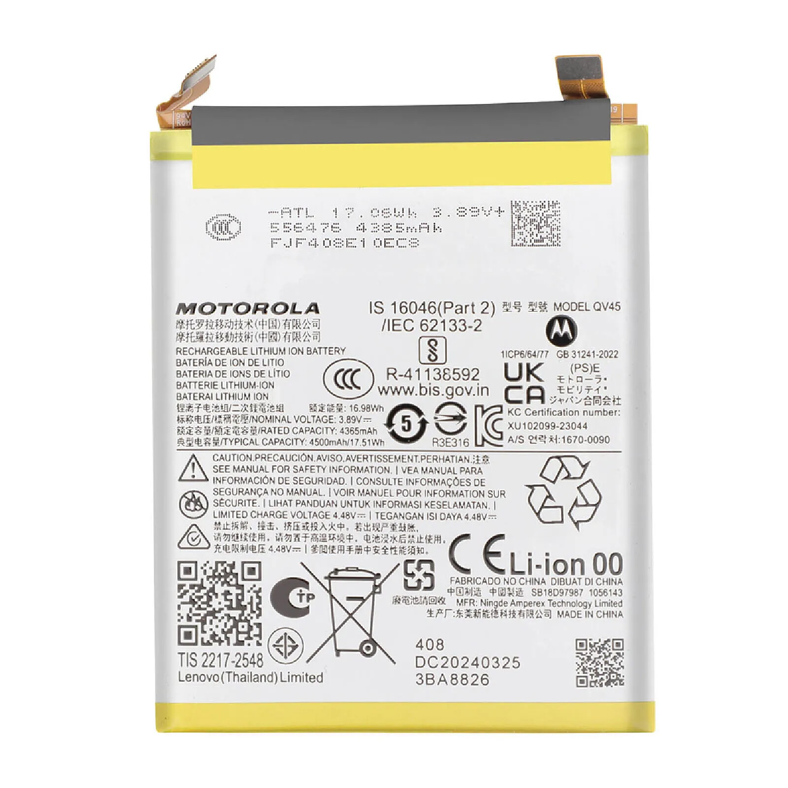 MOTOROLA Batterie de Remplacement QV45 pour Motorola Edge 50 Ultra Service Pack Blanc