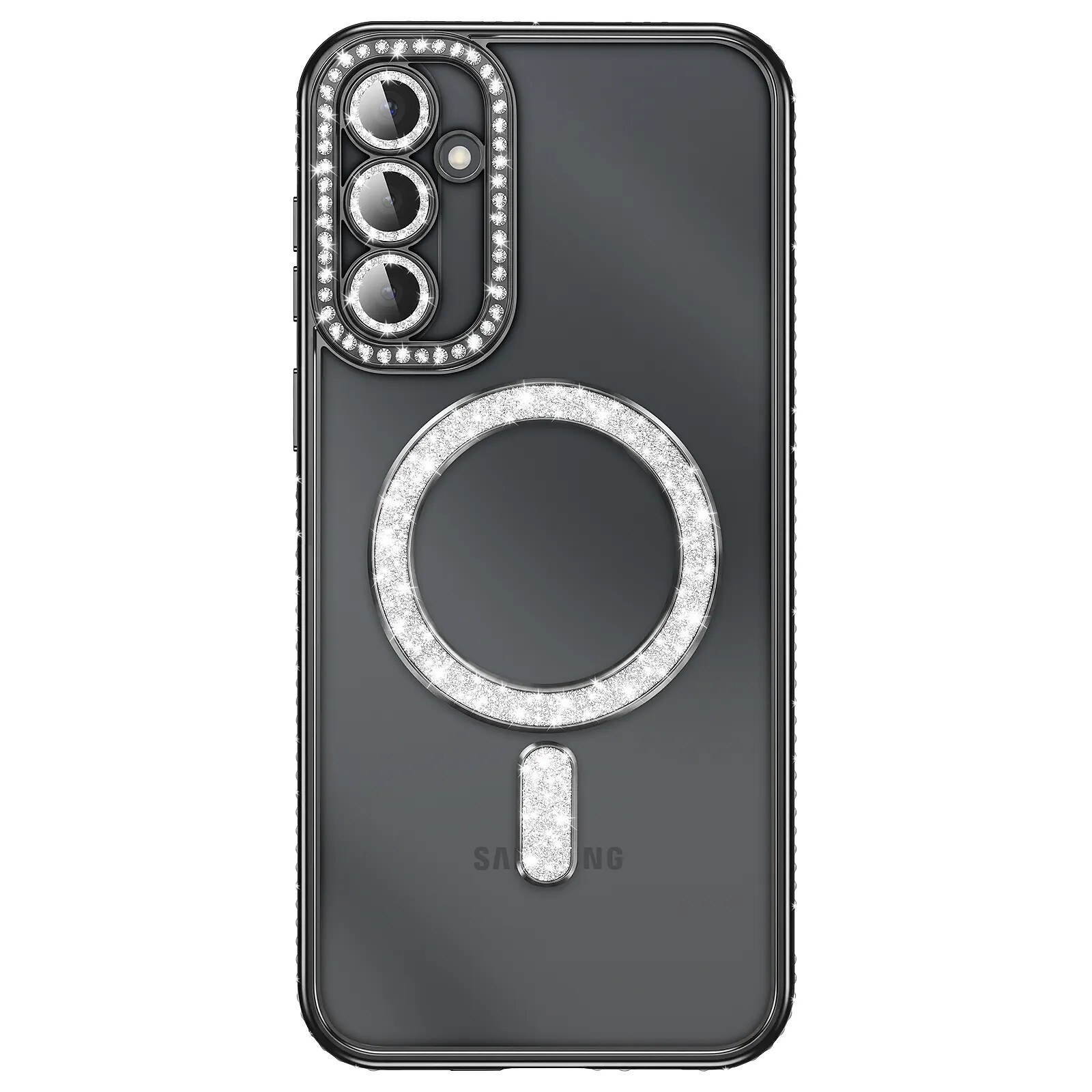 Coque Diamant pour Galaxy S26 Plus avec Anneau Magnétique et Contour Strassé Noir / Transparent
