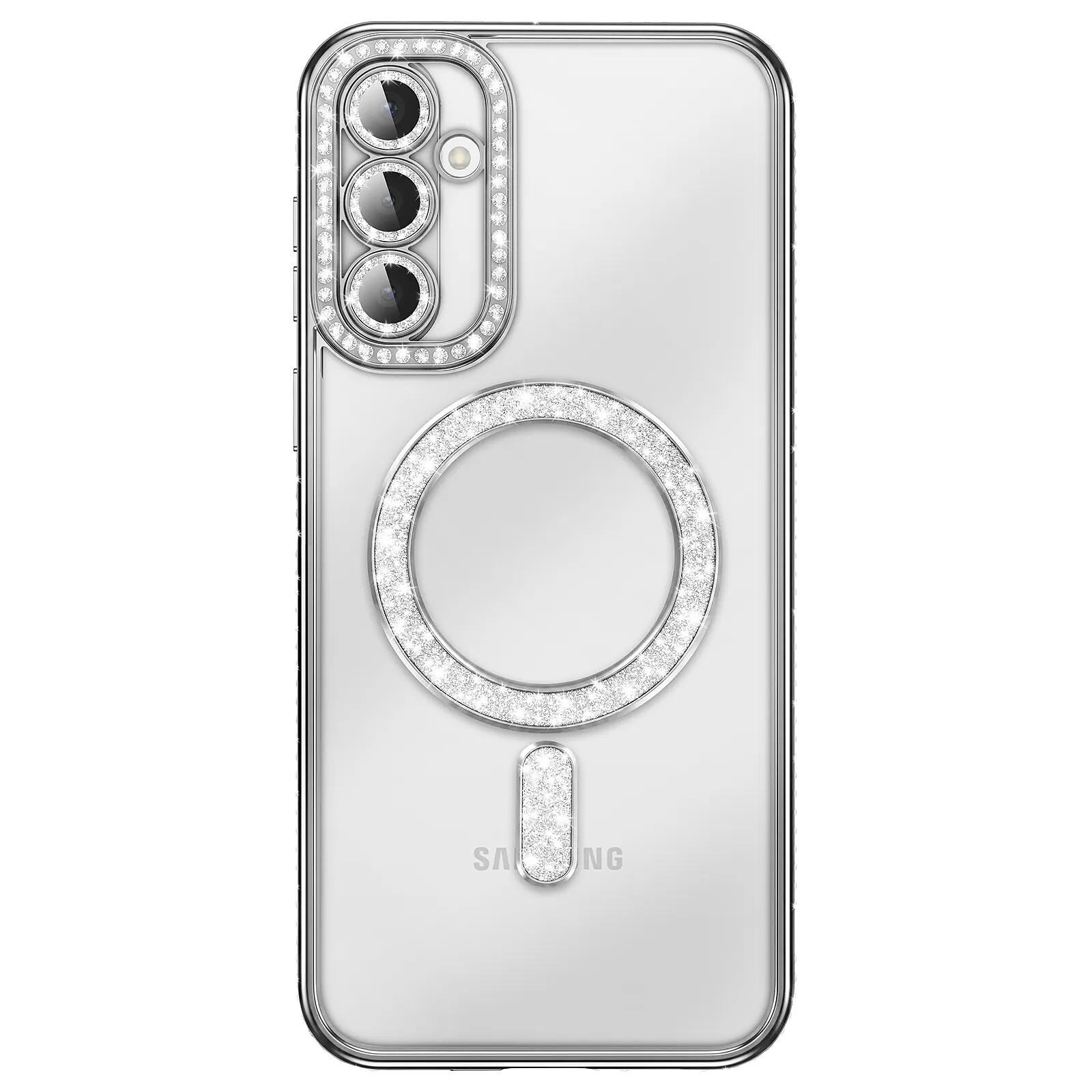 Coque Diamant pour Galaxy S26 avec Anneau Magnétique et Contour Strassé Argent