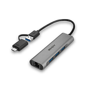 Lindy Hub USB-C A vers 3x Ports USB-A 3 0 Gigabit Ethernet