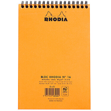  Rhodia Bloc Notepad Orange Spirale 14.8 x 21 cm quadrillé 5 x 5 160 pages