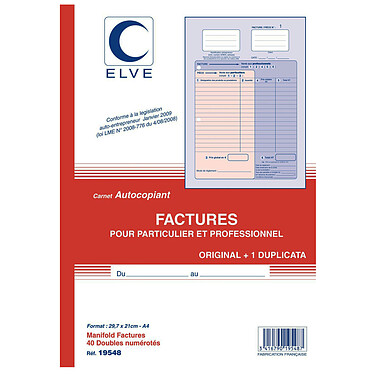 Elve Manifold factures 40 feuillets avec duplicata 29.7 x 21 cm