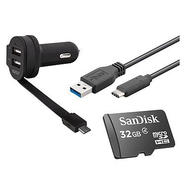 xqisit Adaptateur allume-cigare double USB et MicroUSB + Câble USB 3.1/USB 3.0 Mâle/Mâle + SanDisk carte mémoire microSDHC 32 Go et adaptateur SD