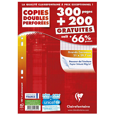 Clairefontaine Copies doubles perforées 300 pages + 200 GRATUITES A4 grands carreaux Séyès