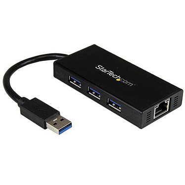 StarTech.com Hub USB 3.0 portable à 3 ports avec câble intégré et port Gigabit Ethernet - Aluminium