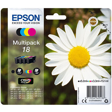 Epson MultiPack 18 Paquete de 4 cartuchos de tinta negra, cian, magenta, magenta, magenta, amarilla (15,1 ml)