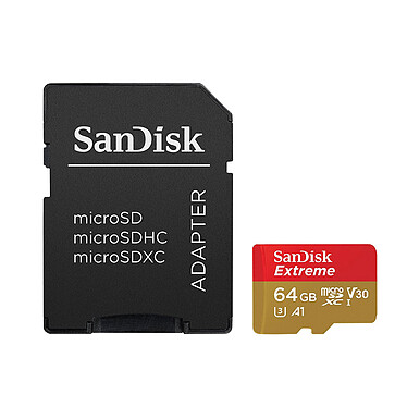 SanDisk Extreme microSDXC UHS-I U3 V30 64 Go + Adaptateur SD (SDSQXAF-064G-GN6MA)
