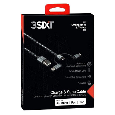 3SIXT Câble 3-en-1 USB vers micro-USB, USB-C, Lightning - 1m pas cher