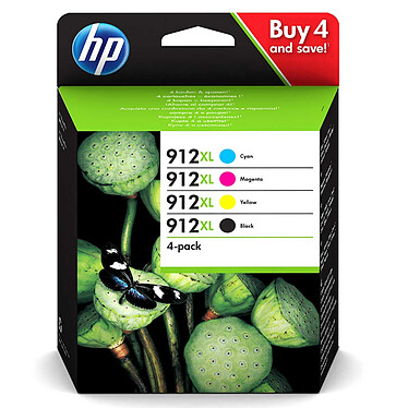 HP 912XL Pack de 4 Negro, Cian, Magenta, Amarillo (3YP34AE) Paquete de 4 cartuchos de tinta negra, cian, magenta y amarilla de alta capacidad - 825 páginas