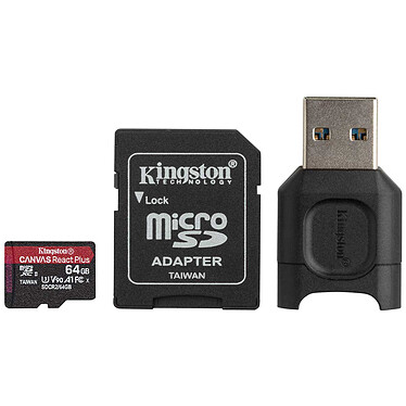 Kingston Canvas React Plus SDCR2/64GB Carte mémoire microSDXC UHS-II U3 64 Go avec adaptateur SD et lecteur USB