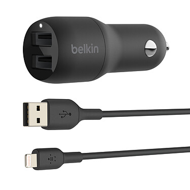 Belkin Boost Charge Chargeur de voiture 2 ports USB-A (24 W) sur prise allume-cigare avec câble USB-A vers Lightning 1 m