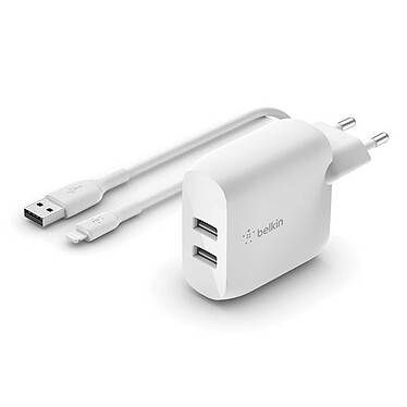 Belkin Boost Charger 2-Port USB-A 24W AC Charger con cavo da Lightning a USB-A (bianco)