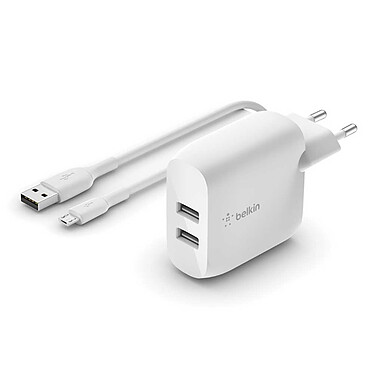 Belkin Boost Charge Chargeur secteur 2 ports USB-A 24 W avec câble USB-A vers micro-USB (Blanc) · Occasion