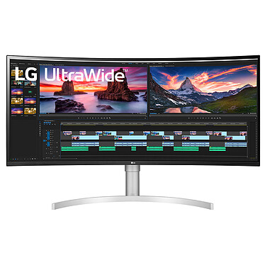 LG 38" LED - 38WN95C-W 3840 x 1600 pixels - 1 ms (gris à gris) - Format 21/9 - Dalle Nano IPS incurvée - HDR600 - FreeSync/Compatible G-SYNC - 144 Hz - HDMI/DisplayPort/Thunderbolt 3 - Hub USB 3.0 - Argent/Blanc