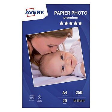 Avery Papier Photo Premium Jet d'encre A4, Blanc, Brillant, 250 g/m² (20 feuilles) Papier photo supérieur brillant pour imprimante jet d'encre - 250g/m² - A4 - 20 feuilles