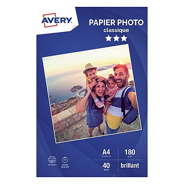 Avery Papier Photo Classique Jet d'encre A4, Blanc, Brillant, 180 g/m² (20 feuilles) Papier photo brillant pour imprimante jet d'encre - 180g/m² - A4 - 20 feuilles