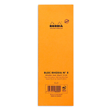 Acheter Rhodia Bloc N°8 Orange agrafé en-tête 7.4 x 21 cm petits carreaux 5 x 5 mm 80 pages (x10)