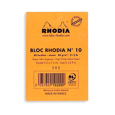 Buy Rhodia Bloc N°10 Orange stapled letterhead 5.2 x 7.5 cm small squares 5 x 5 mm 80 pages (x20)