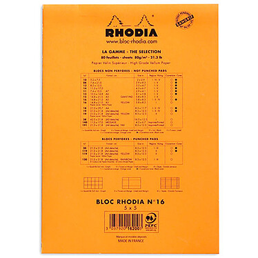 Acheter Rhodia Bloc N°16 Orange agrafé en-tête 14.8 x 21 cm quadrillé 5 x 5 160 pages (x10)