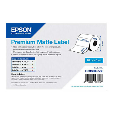 Epson Premium Matte Label 102 x 152 mm, 225, Blanc/brillant finition mat