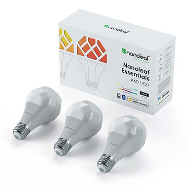 Nanoleaf Essentials A60 E27 Smart Bulb x3 Lot de 3 Ampoules DEL à couleurs changeantes compatibles Bluetooth et Thread - E27 - 9 Watts - 1100 Lumens - Équivalent 60 Watts - Google Assistant / Amazon Alexa