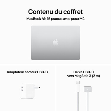 Apple MacBook Air M2 15 pouces (2023) Argent 16 Go/512 Go (MQKT3FN/A-16GB-USB70W) pas cher