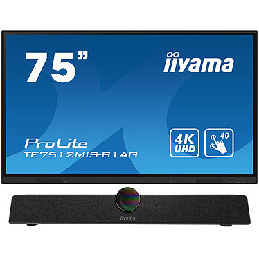 iiyama 75" LED - ProLite TE7512MIS-B1AG + UC CAM120ULB-1 Écran tactile multipoint 4K UHD - 16:9 - IPS-AG - 400 cd/m² - 1200:1 - 8 ms - 24/7 - HDMI/VGA/USB-C - Wi-Fi/Bluetooth - HP 2 x 16 W - Noir + Barre A/V de visioconférence - 4K UHD - Angle de vue 120°