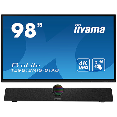 iiyama 98" LED - ProLite TE9812MIS-B1AG + UC CAM120ULB-1 Écran tactile multipoint 4K UHD - 16:9 - IPS-AG - 400 cd/m² - 1200:1 - 8 ms - 24/7 - HDMI/VGA/USB-C - Wi-Fi/Bluetooth - HP 2 x 16 W - Noir + Barre A/V de visioconférence - 4K UHD - Angle de vue 120°