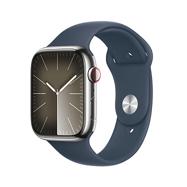 Apple Watch Series 9 GPS + Cellular Acier Inoxydable Argent Bracelet Sport Band Bleu S/M 45 mm