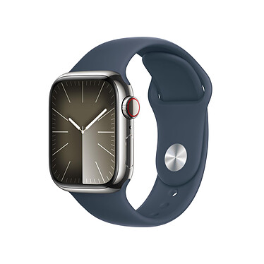 Apple Watch Series 9 GPS + Cellular Acier Inoxydable Argent Bracelet Sport Band Bleu S/M 41 mm