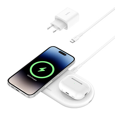 Avis Belkin Chargeur Magsafe Qi2 15W + chargeur pour Airpods (Blanc)