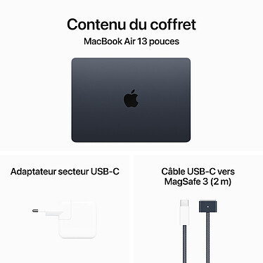 Apple MacBook Air M3 13 pouces (2024) Minuit 16 Go/256 Go (MRXV3FN/A-GPU10-16GB-QWERTY-INT) pas cher