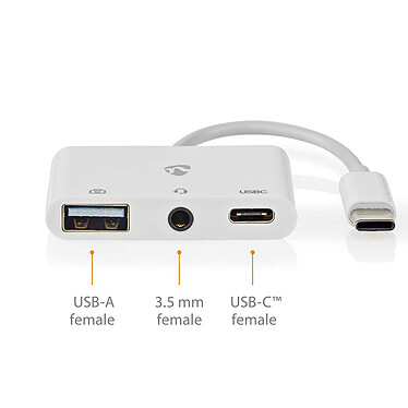 Nota Nedis Adattatore multiplo da USB-C a USB, USB-C e Jack 3,5 mm - 10 cm - Bianco