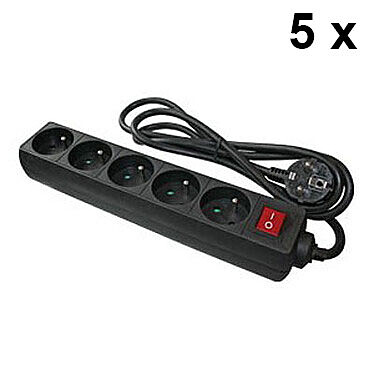 Pack of 5x 5-socket power strips with switch (Black)