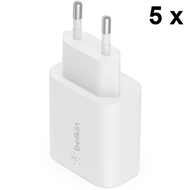Belkin Lot de 5x Chargeurs Secteur USB-C 25 W pour iPhone (20 W) et Samsung (25 W) - Blanc