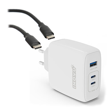 INOVU USB-C 100 W Power Delivery GaN wall charger + TEXTORM USB-C 3.1 Gen 2 (10 Gbps) cable - Male/Male - 1 M.