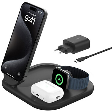 Belkin Chargeur Magsafe Qi2 15 W pour Iphone, Airpods et AppleWatch 3 en 1 - Noir