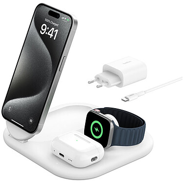 Belkin Chargeur Magsafe Qi2 15 W pour Iphone, Airpods et AppleWatch 3 en 1 - Blanc