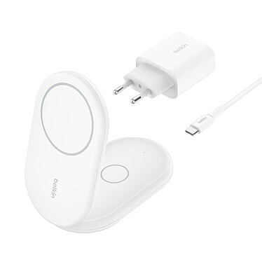 Belkin Chargeur Magsafe Qi2 15 W pour Iphone Stand et Airpods 2 en 1 - Blanc