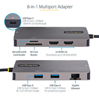 StarTech.com Adaptateur multiport USB-C 8-en-1 - Lecteur de carte mémoire SD - Power Delivery pas cher