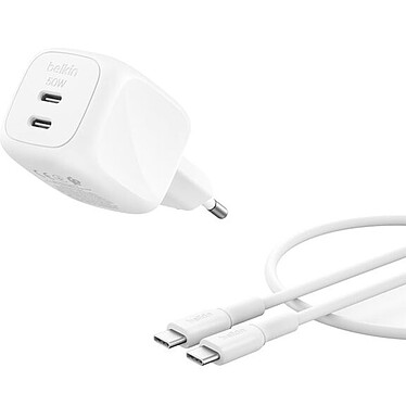 Belkin BoostCharge Pro Chargeur secteur GaN deux ports USB-C (50 W) avec câble USB-C (Blanc)
