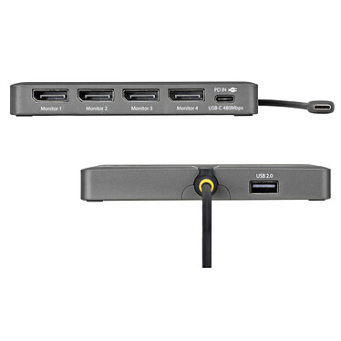 Avis StarTech.com Adaptateur USB-C vers 4x DisplayPort 4K 60Hz + 1x port USB-A 2.0 + 1x port USB-C Power Delivery 140W