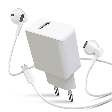 Avizar Pack Chargeur Secteur USB 2.1A et Écouteurs Filaires Lightning  Blanc