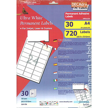 DECADRY Pochette 720 étiquettes blanches multi-usage 63,5 x 33,9 mm