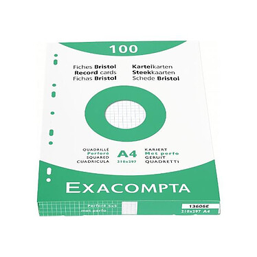 EXACOMPTA Étui de 100 fiches bristol quadrillé 5x5 perforé 210x297mm Blanc x 10