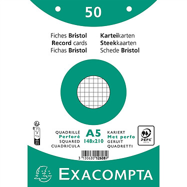 EXACOMPTA Paquet 50 fiches sous film - bristol quadrillé 5x5 perforé 148x210mm - Blanc x 20