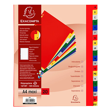 EXACOMPTA Jeu d'intercalaires alphabétiques polypro 20 touches multicolores. Format A4+. x 20