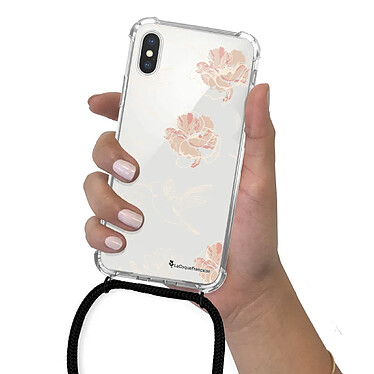 LaCoqueFrançaise Coque cordon iPhone X/Xs noir Dessin Fleurs Blanches pas cher